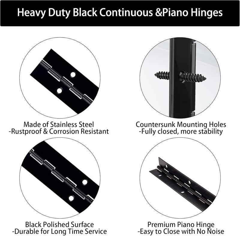 GRRONZEE 4PCS Black Piano Hinge 12 Inch Heavy Duty Stainless Steel Continuous Hinges with Mounting Screws for Boat Cabinets Storage Box, 0.04" Leaf Thickness 1.2" Open Width - Image 4